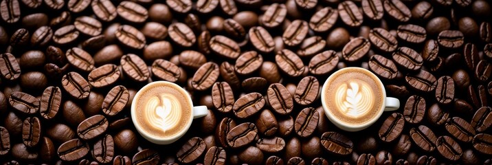 Fresh roasted coffee bean background with a cup of hot frothy espresso placed among coffee seeds in...