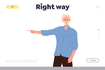 Right way landing page design template with shocked surprised senior man pointing with index finger