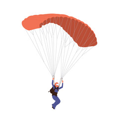 Cartoon man character parachuting descending in sky enjoying skydiving or paragliding experience