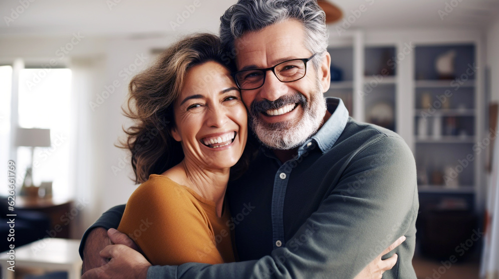 Wall mural elderly couple in love. senior husband and wife hugging and bonding with true emotions, created usin