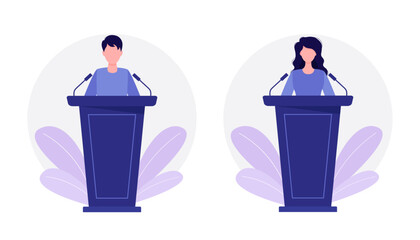 A Man and a woman speak to the public on the podium. Vector illustration in a flat style. Isolated on a white background.