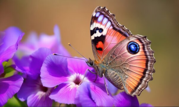 Macro Photo of Peacock Pansy Butterfly in pink flower