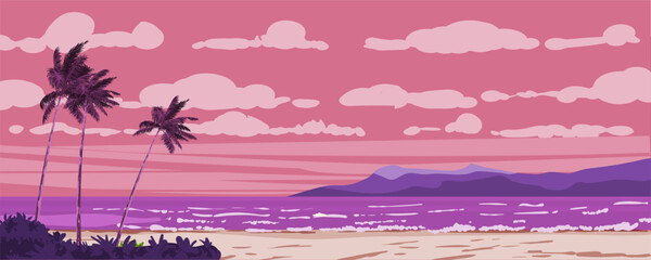 Tropical Sunset banner sunset beach ocean, palms, seashore, horizon