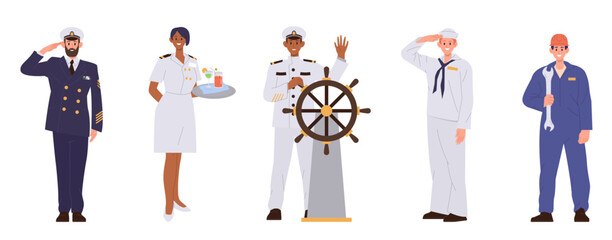 Yacht or cruise ship liner sailors crew character cartoon people isolated set on white background