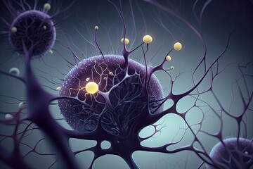 Neuron, brain cell, neurons, nervous system purple color with glow on the ends