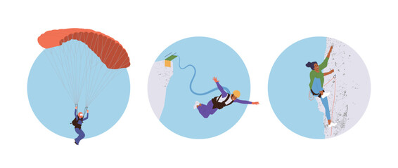 Set of composition icon with extreme sports people enjoying climbing, parachuting, bungee jumping © Iryna Petrenko