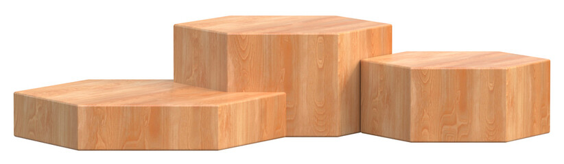 Three wooden hexagonal podiums for product presentation isolated on transparent background