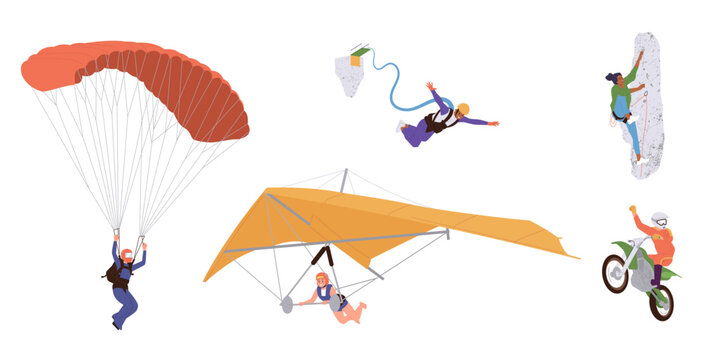 Extreme sport set people skydiving, freestyle motocross, rope or bungee jumping, rock climbing