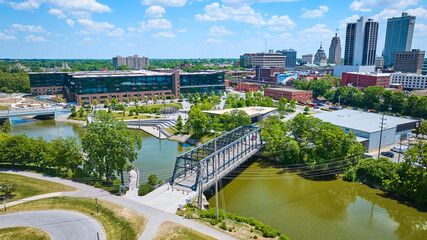 Aerial downtown Fort Wayne Wells Street Bridge with skyscrapers and downtown in background