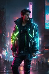 Ethan Hunt movie character from Mission Impossible movie in cyberpunk theme. A man stands in hightech city