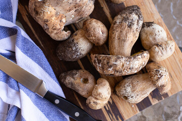 Autumn white mushrooms. Porcini mushrooms on a wooden board and a napkin on a table outdoors. Close-up, flat lay