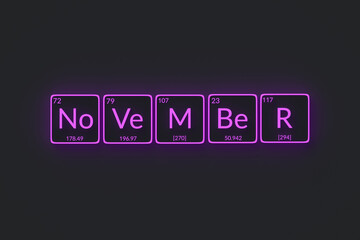Glowing word november in periodic table of elements style. Top view. 3d render