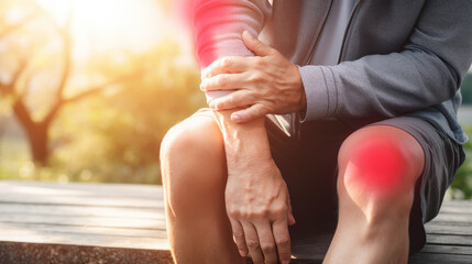 Man sitting down with knee and elbow pain, joint pain and arthritis concept, inflammation, copyspace
