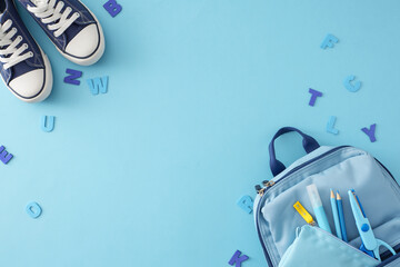 Joy of education for young learners theme. Top view shot of stylish sneakers, backpack, pencil...