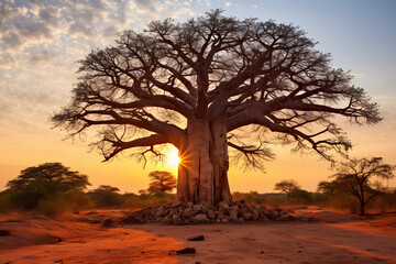 African Baobab (Adansonia) - Africa - Have massive trunks and bottle-like shapes, storing thousands of liters of water. They can live for thousands of years (Generative AI) - obrazy, fototapety, plakaty