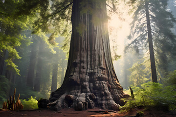 Coast redwood (Sequoia sempervirens) - United States - Tallest trees on Earth, growing over 100 meters in height. Among the oldest living organisms, with some exceeding 2,000 years (Generative AI)