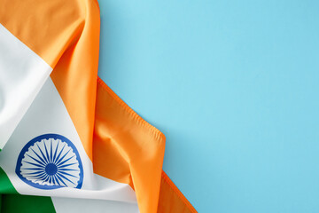India Independence Day concept. Top view composition of indian national flag on light blue...