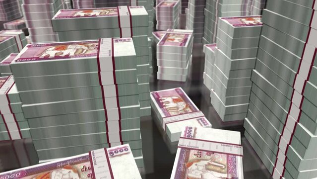 Myanmar money Burma Kyat money notes packs loop. 3D flight over 5000 MMK banknotes stacks towers. Loopable seamless abstract background concept of business, economy crisis and finance.