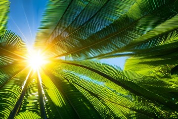 sun rays passing through the lush green palm tree leaves, beach summer concept