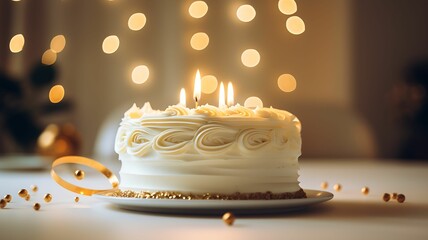 Cake with candles, birthday cake, wedding cake, white and gold, golden cake, white cake, gifts and candles, golden ribbon, sweet food, dessert, luxury cake, expensive food,