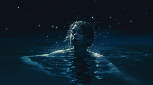 Tranquil artistic image of a person swimming in dark still water at night time