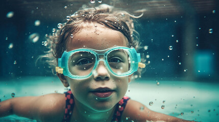 Naklejka premium Underwater portrait of cute child swimming in pool wearing goggles