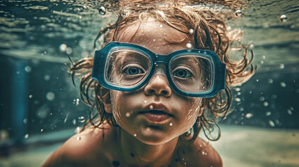Underwater portrait of cute child swimming in pool wearing goggles