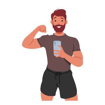 Man Taking A Gym Selfie, Capturing His Fitness Journey, He Poses Confidently In Front Of The Mirror, Vector Illustration