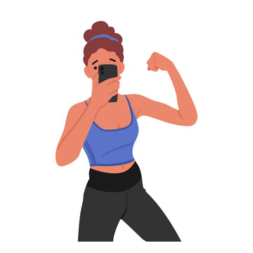 Gym Selfie Concept, Young Fit Woman Captures Workout Triumphs on Smartphone. Strong Female Character Showing Muscles
