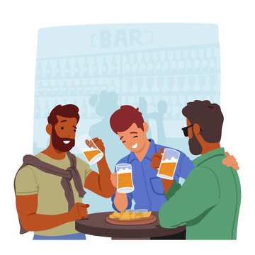 Young Men Friends Characters Enjoy Socializing And Bonding Over Beers and Snacks In A Lively Bar Setting, Vector