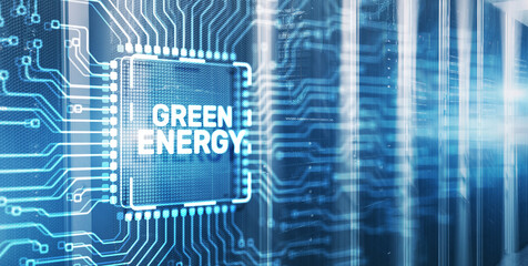 Inscription on 3d Electronic Circuit Board Chip: Green Energy saving concept