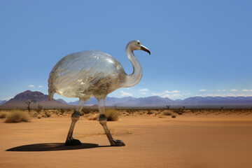 Ostrich made of glass in the nature. AI generative art