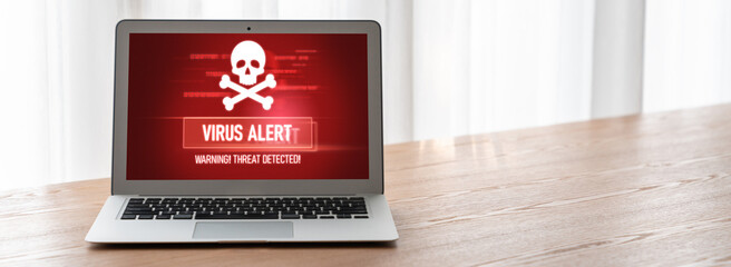 Virus warning alert on computer screen detected modish cyber threat , hacker, computer virus and malware