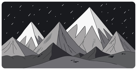 Simple flat black and white graphic vector illustration of abstract mountain landscape on alien planet with snowcapped peaks and mount range silhouettes against night sky. Cartoon hand drawn sketch.