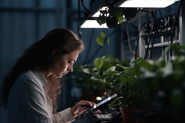 Fototapeta na wymiar Woman gardener check system in greenhouse. Development, selection and grow organic vegetables and plant. Small business. Woman using innovative smart tech for greenhouse plant management . Generative