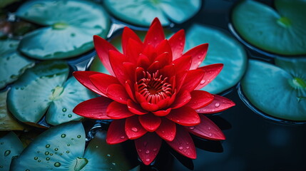 close up of a red water lily in the pond