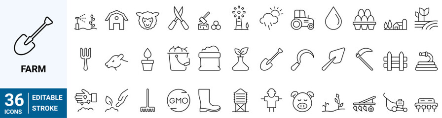 Set of 36 line icons related to farm, farming, gardening, agriculture. Outline symbols collection. Editable stroke. Vector illustration