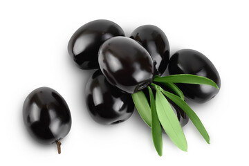 Black olives with leaves isolated on a white background with full depth of field. Top view. Flat lay