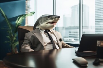 A white shark sitting in an office wearing a business suit created with generative AI technology.