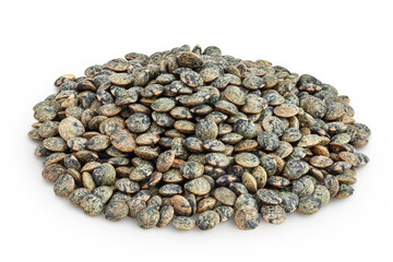 raw french green lentils isolated on white background with full depth of field
