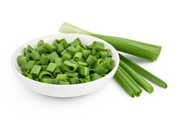 Green onion in ceramic bowl isolated on the white background with full depth of field