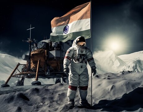Photo Chandrayaan 3 ,  astronaut with indian flag on moon.Ai generated