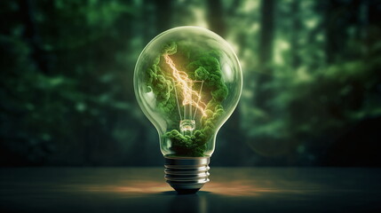 Light bulb with green renewable energy and electric light - obrazy, fototapety, plakaty