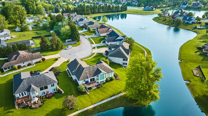 Houses next to large pond separating neighborhoods higher end houses aerial