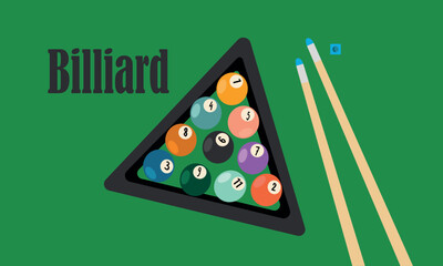 illustration of a pool billiard on green table. Pool billiards tournament announcement poster of color balls on green table. Vector design for billiards championship for sport game players