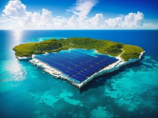 Floating Solar Island, Floating Solar Farm or Solar panels on the river with blue sky and mountain is the background, Aerial top view of solar panels or solar cells on a floating buoy in lake or ocean
