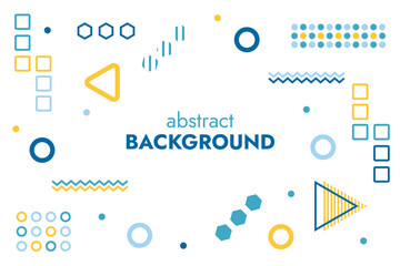 Abstract background of geometric shapes. Wallpaper in blue and yellow. Triangles, circles and squares. Zigzags, lines and waves. Memphis style. Striped. Backdrop white background. Vector illustration.