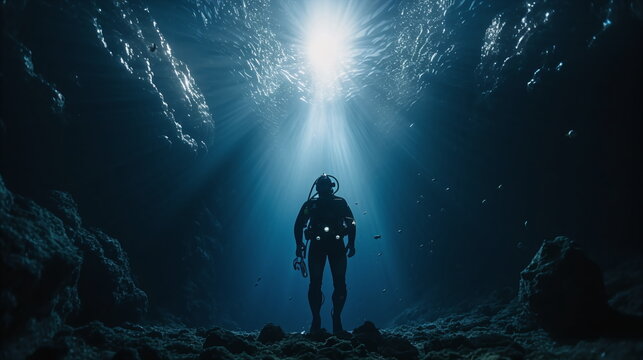 Scuba diver in the dep blue ocean looking up to the reflection of the sun