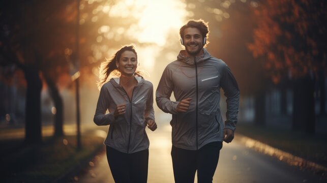 A romantic couple is jogging together in the morning sunrise.