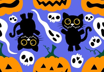 Halloween autumn harvest season pumpkins and cat pattern for wrapping paper and kids clothes print and festive